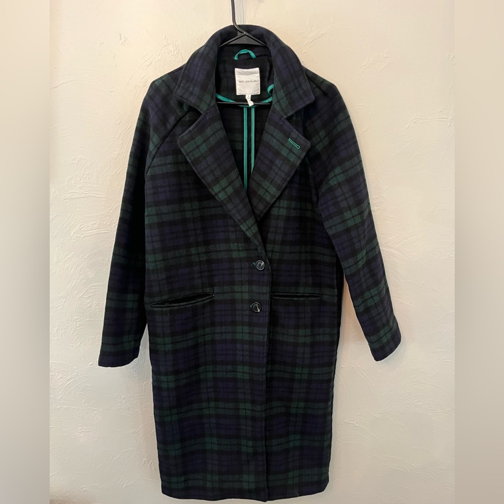 Avec Les Filles Navy and Green Plaid Trench Coat
